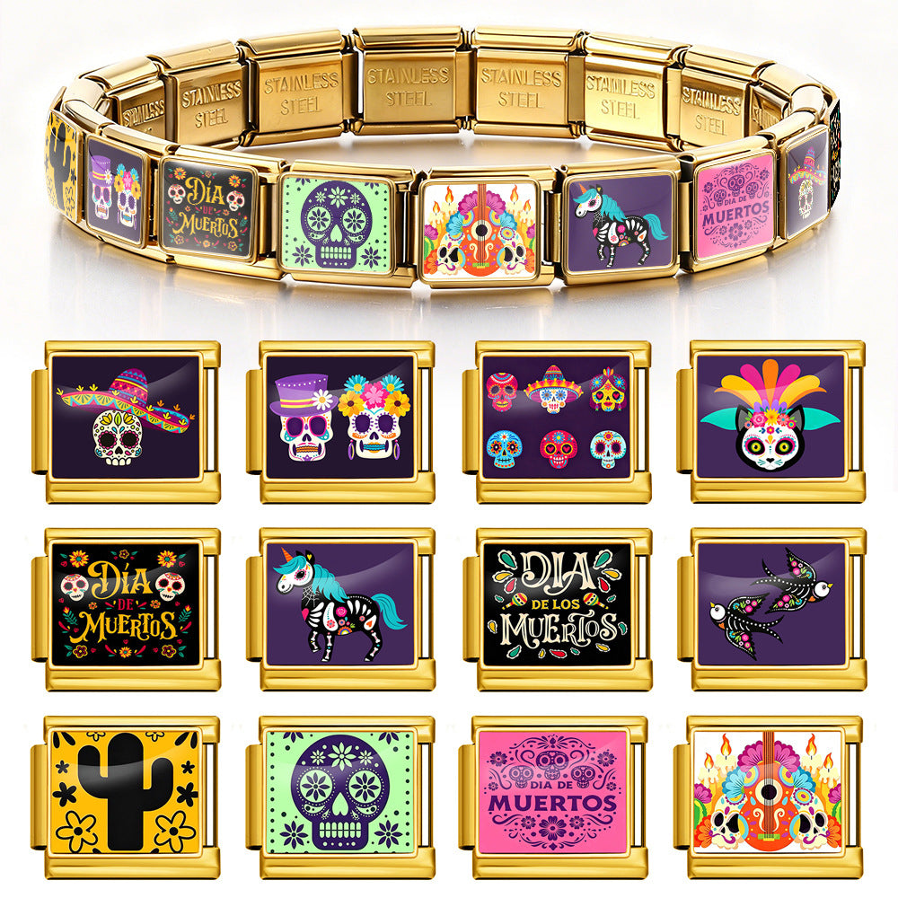 Wholesale Stylish Day Of The Dead Skull Modular Bracelet Stainless Steel DIY Detachable Jewelry Gift