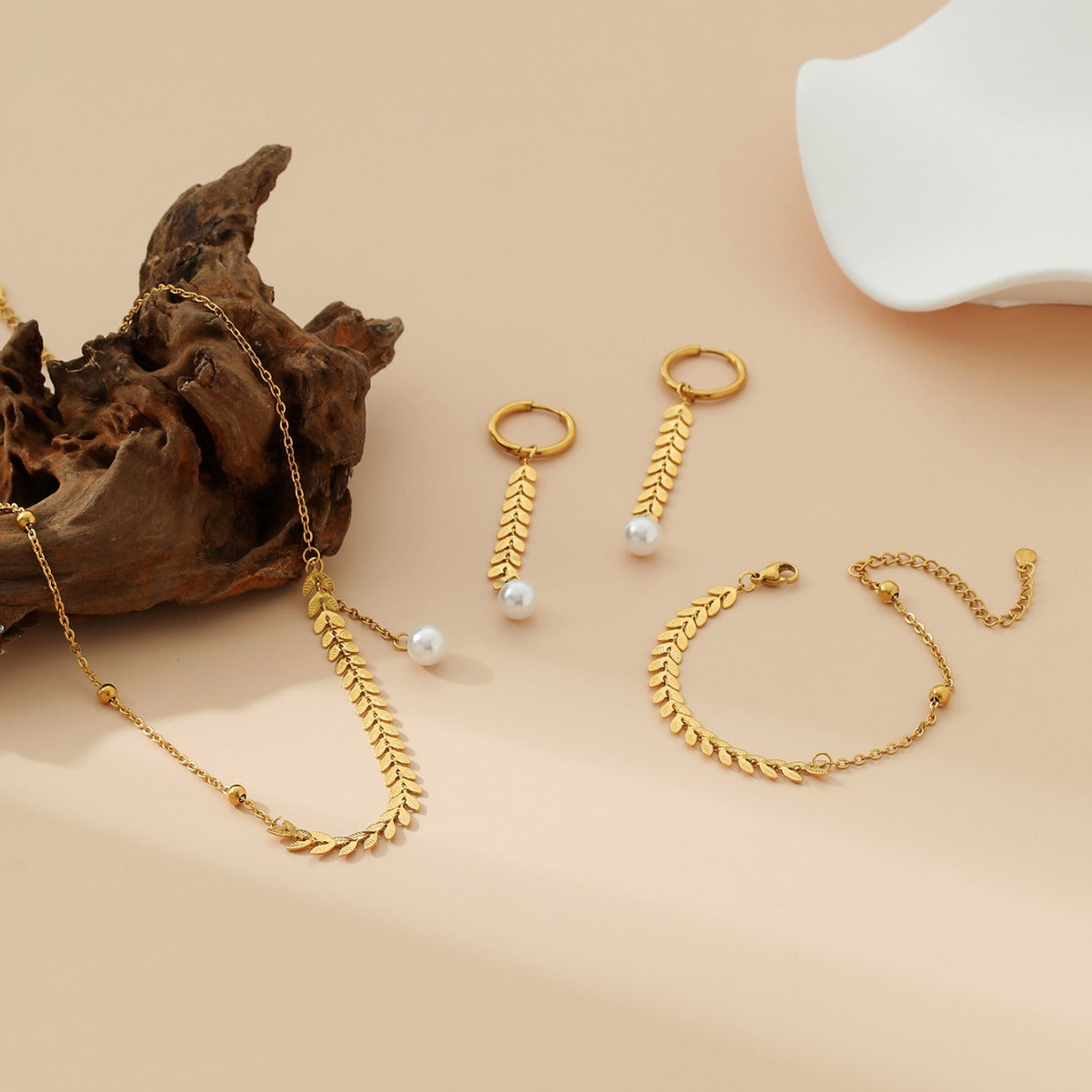 Wholesale  Stainless Steel Rice Ear Golden Bead Double Bracelet Necklace