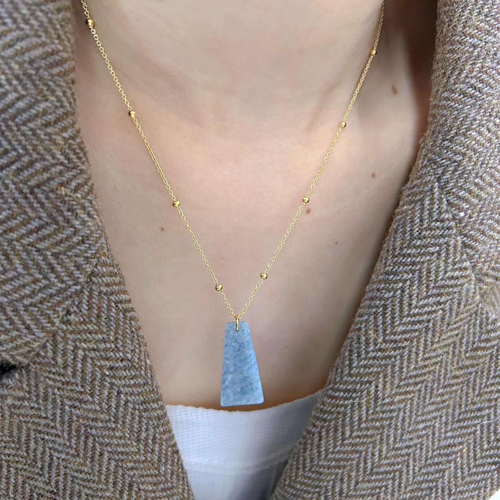 Wholesale Stainless steel natural stone cut trapezoidal geometric pendant necklace