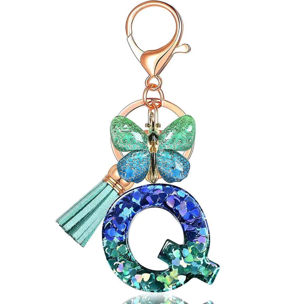 Wholesale Resin Alphabet Keychain With Butterfly Tassel Blue Gradient Vacation Style Fashion Accessory For Bags And Keys
