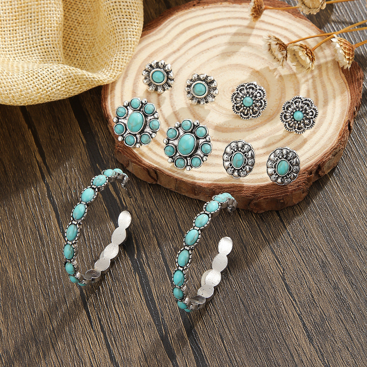 Wholesale  turquoise vintage earrings cow head flower rice beads C- shaped  earrings suit