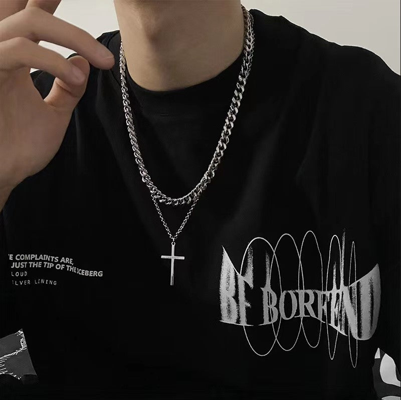 Wholesale Cross Cuban Titanium Steel Double Layer Overlap Men's Necklace