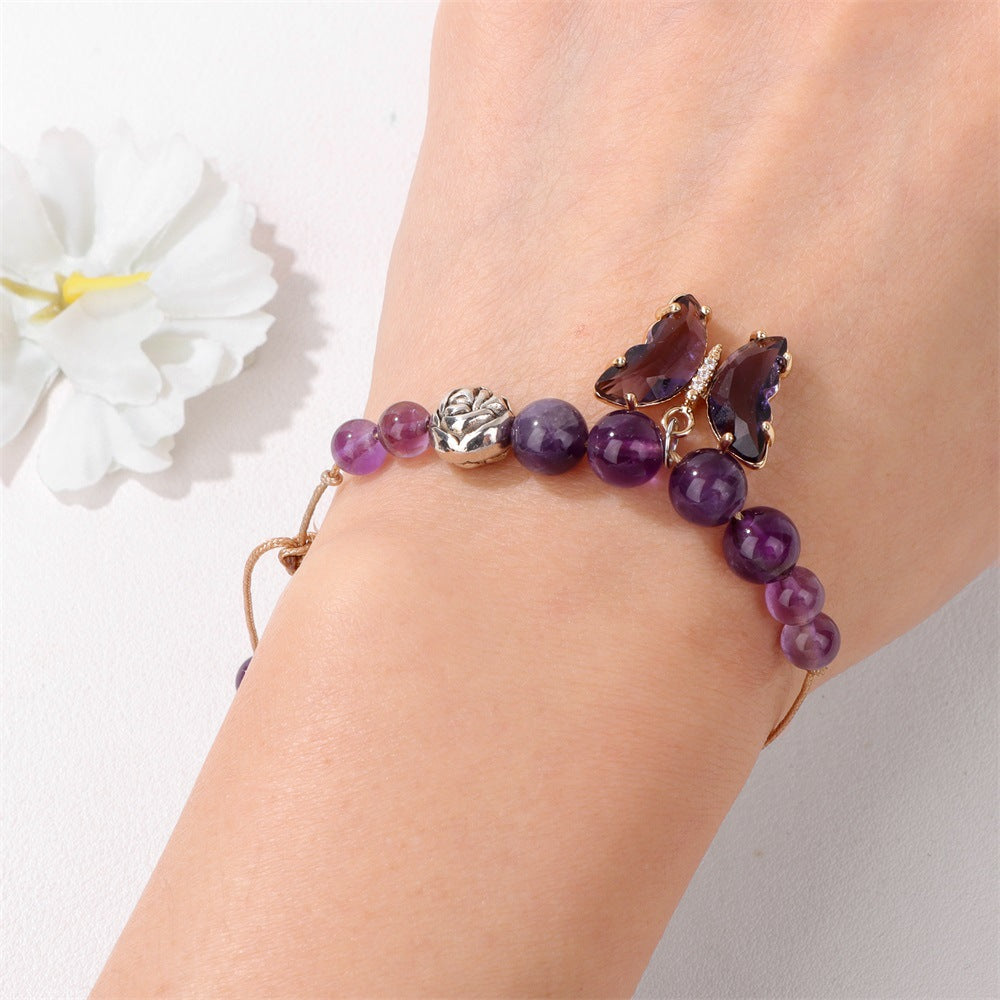 Wholesale Natural Stone Amethyst Bracelet Handwoven Butterfly Pendant Bracelet ACC-BT-GEB002