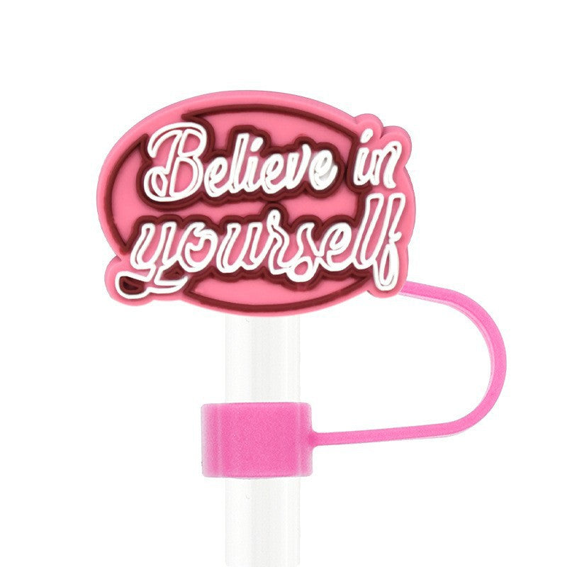 Wholesale Random 50pcs 10mm Cute Cartoon English Phrase PVC Soft Straw Tube Cap