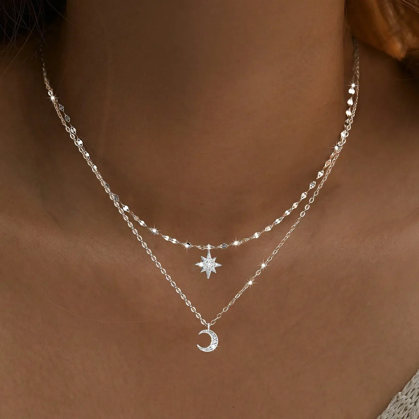 Wholesale Moon Star Double Layer Necklace Delicate Fine Chain