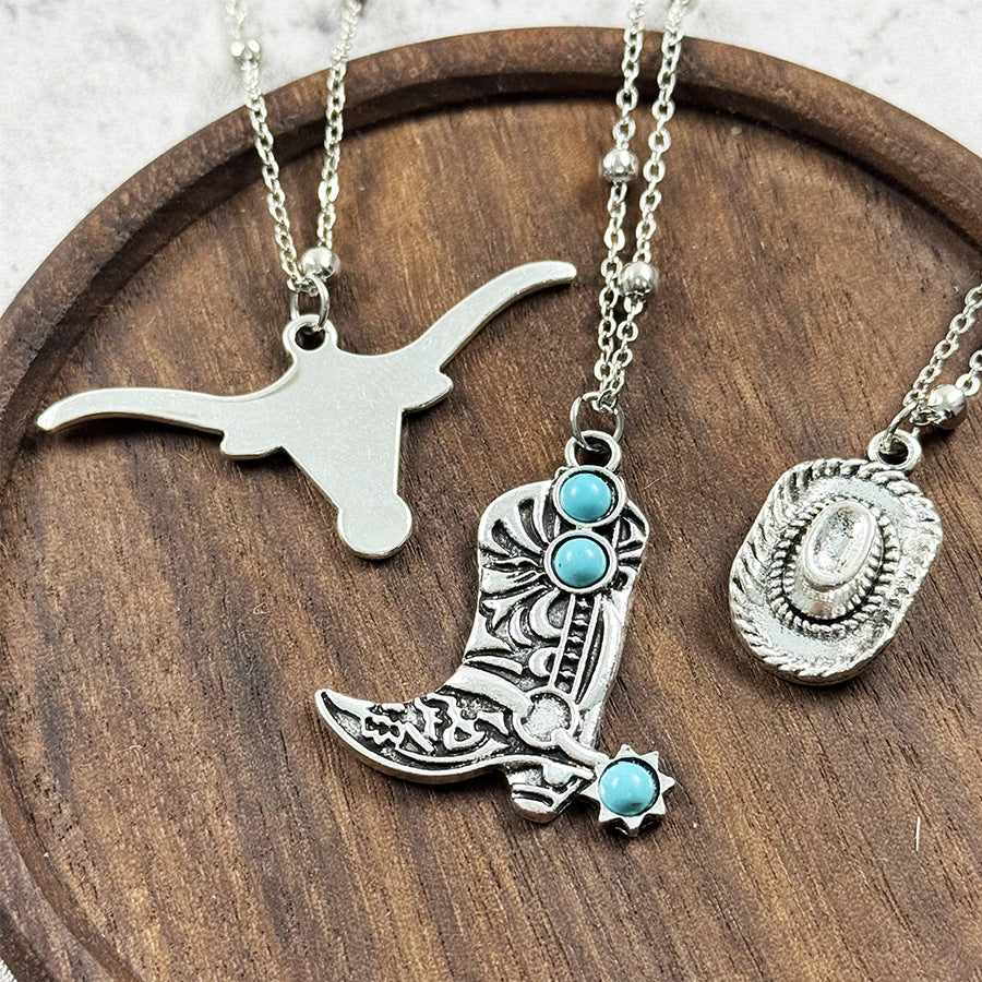 Wholesale Retro Cowboy Bull Head Boots Pendant Necklace Set Zinc Alloy Jewelry Accessory