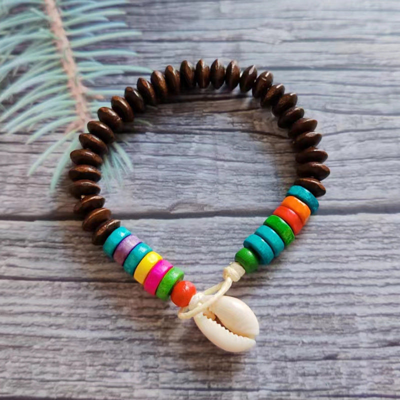 Wholesale Boho Devil's Eye Colored Wooden Beads Natural Shell Bracelet ACC-BT-Youl012