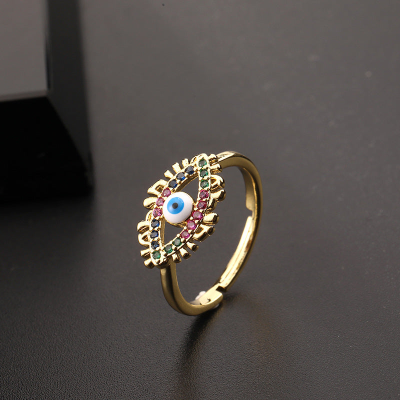 Wholesale Stylish Women S Open Ring With Colorful Enamel Zircon Eye Design Copper Electroplating Chic Jewelry Accessory For Gift And Resale