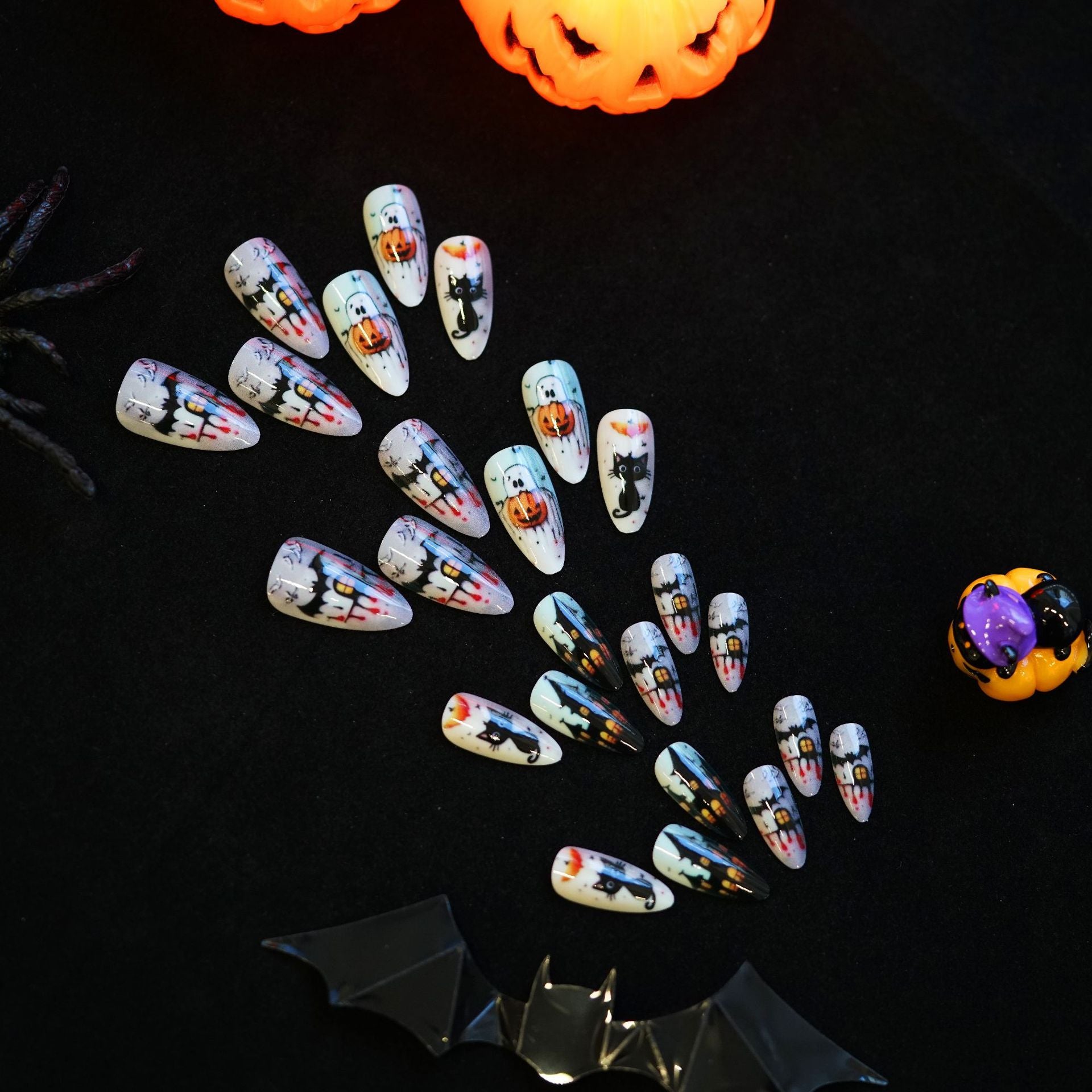 Wholesale 24 Pieces/ box  Pumpkin Castle Black Cat Nails Kits Nail Stickers
