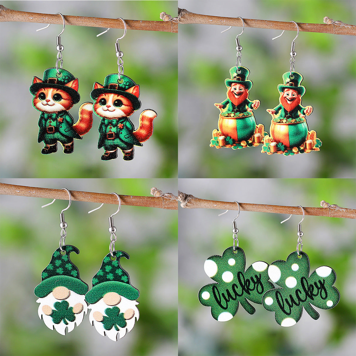 Wholesale St. Patrick's Day Green Clover Lucky Pendant Earrings