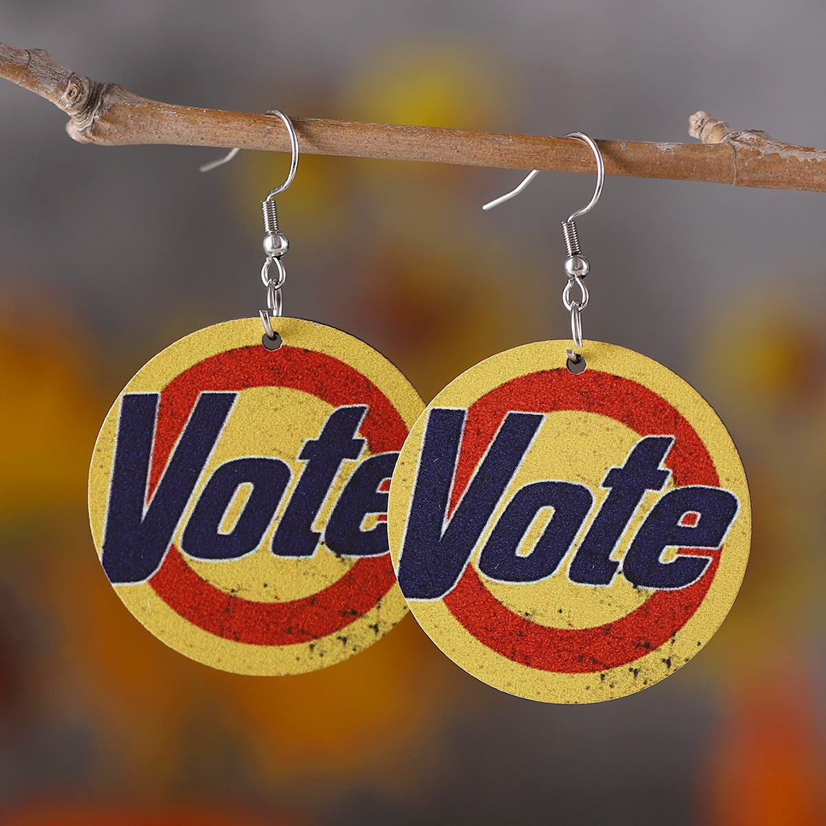 Wholesale Striped Star VOTE Round Wood Double-sided Earrings ACC-ES-ChuLian079