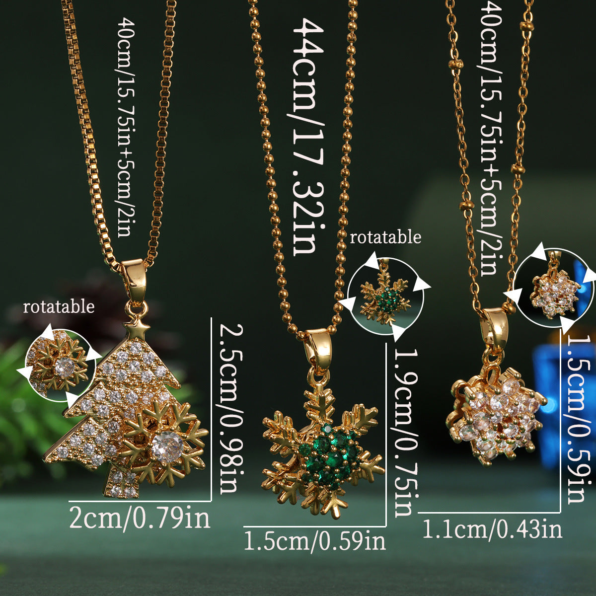 Wholesale Christmas zircon snowflake Christmas tree rotatable stress relief necklace