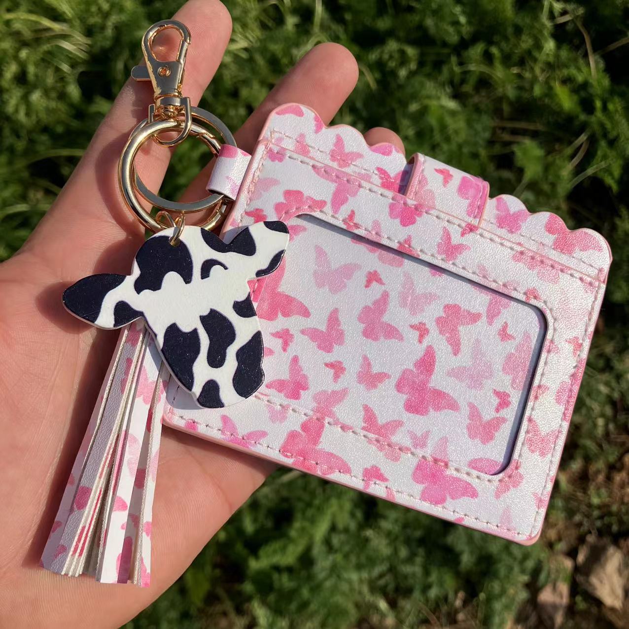 Wholesale Western Style Butterfly Rose Flower Cow Head Leather Card Holder Tassel Keychain ACCVIP-KC-QiuXue003