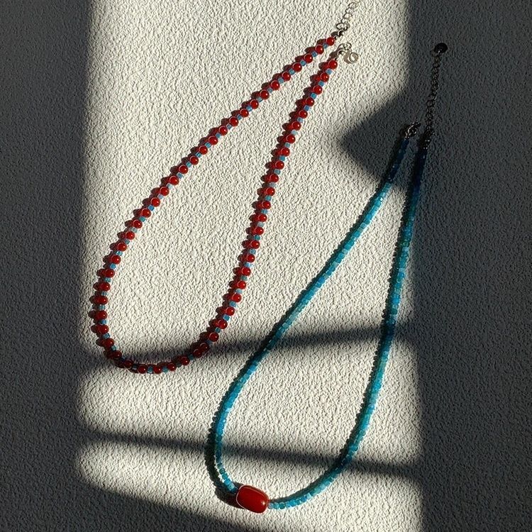 Wholesale  Retro  Clavicle Chain Red and Blue Beaded Necklace
