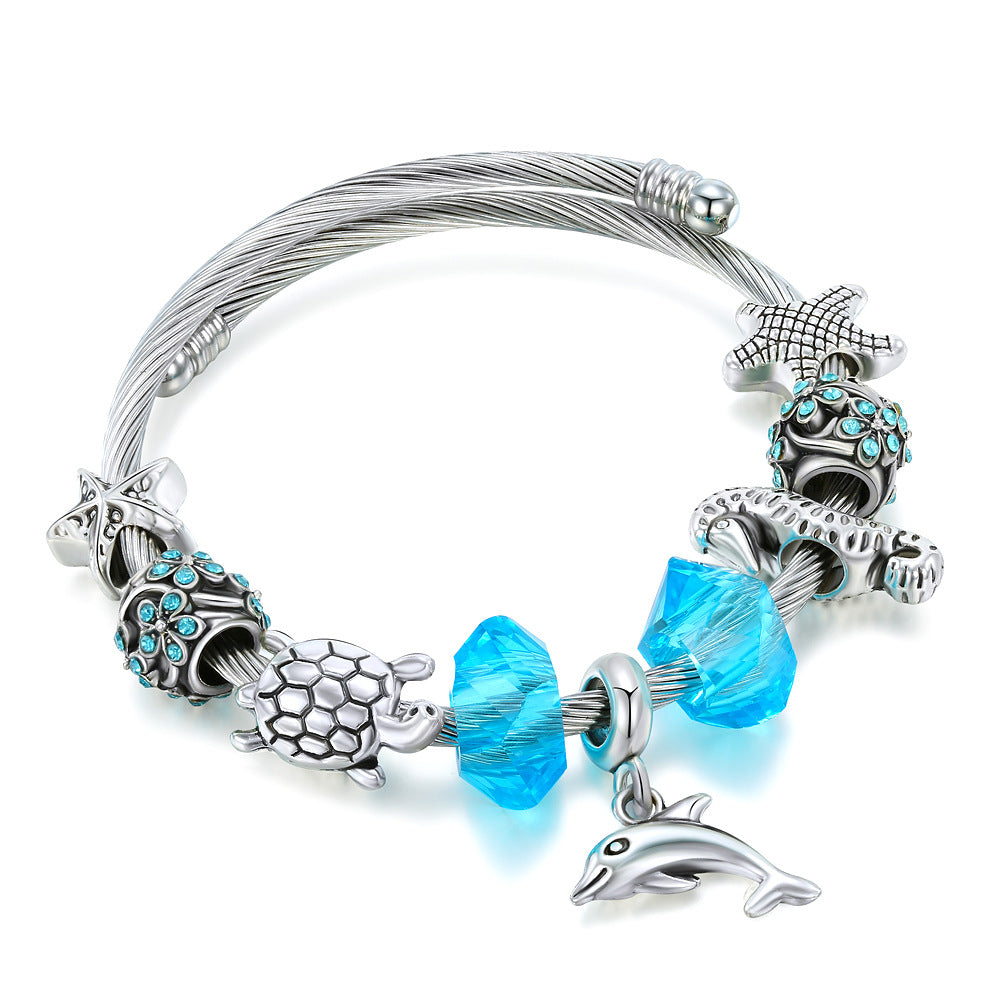 Wholesale Titanium Steel Starfish turtle bracelet blue crystal marine series