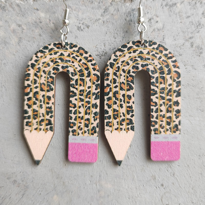 Wholesale Leopard Print Pencil Teacher Wooden Earrings Teacher's Day ACC-ES-HY025