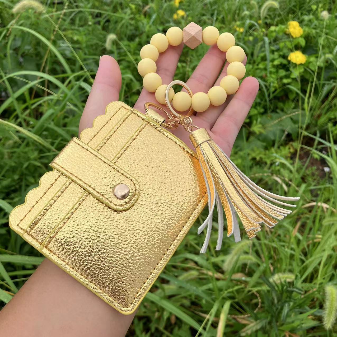 Wholesale Leopard Plaid Butterfly Card Holder Silicone Beaded Wristlet Keychain ACC-KC-QiuXue012