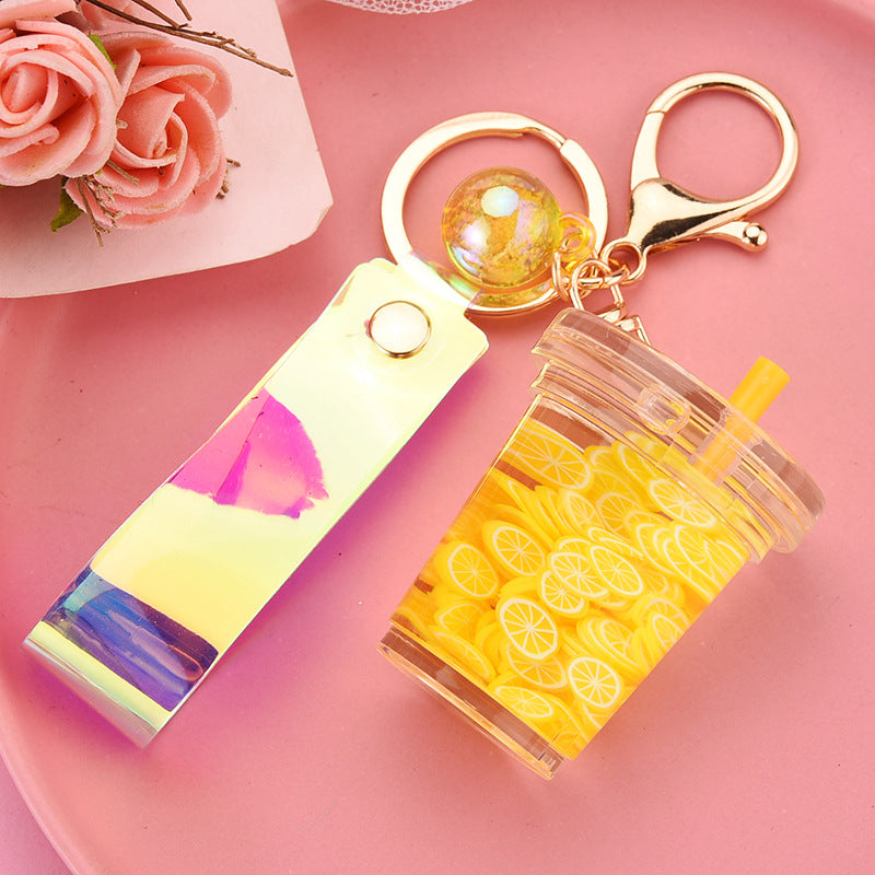 Wholesale Acrylic Milk Tea Cup Fruit Piece Floating Leather Rope Creative Key Chain