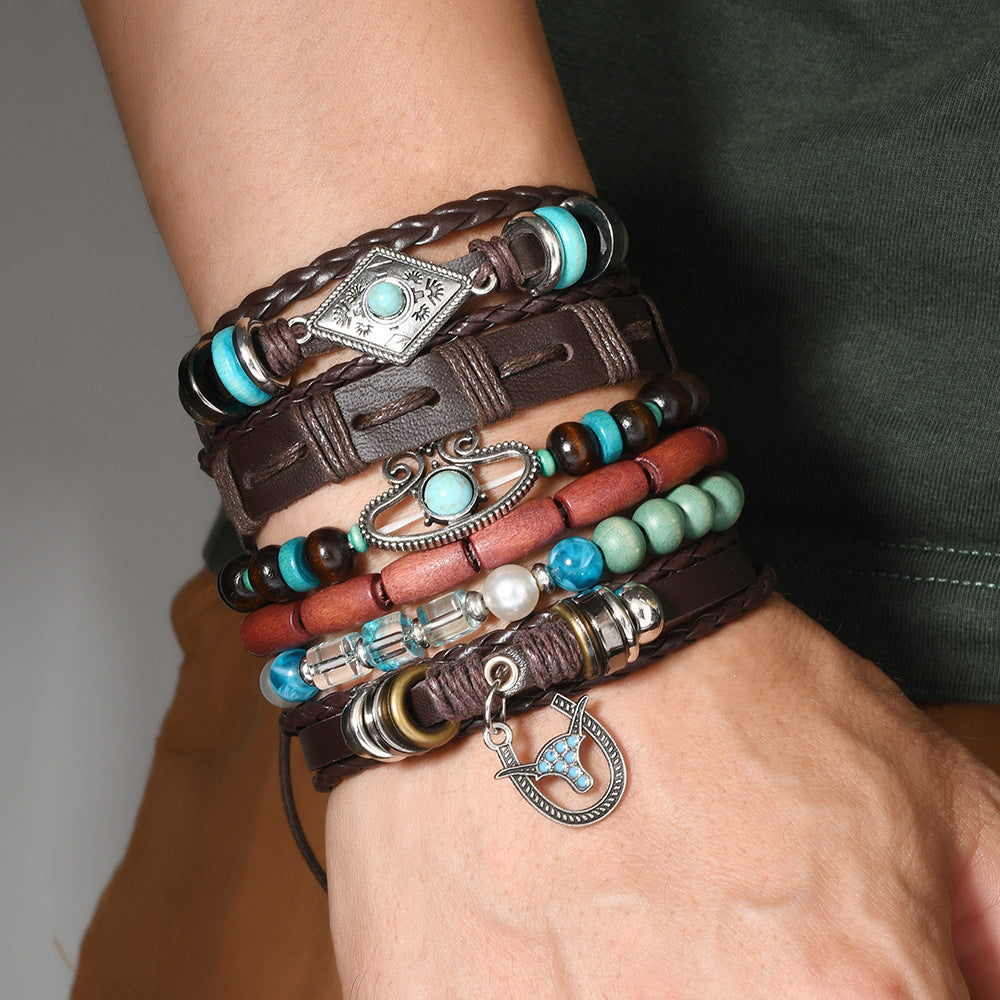 Wholesale Bohemian style bull head and horseshoe  multi-layer  bracelet