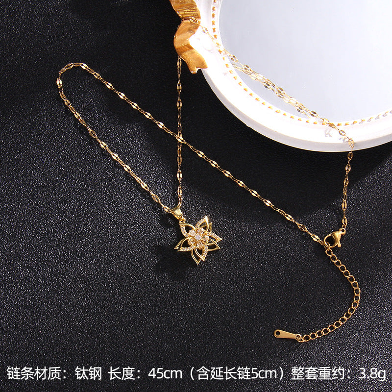 Wholesale Zircon Rotating Four Leaf Clover Flower Pendant Titanium Steel Necklace ACC-NE-Rongc006