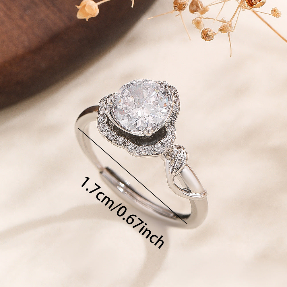 Wholesale Copper Zircon Flower Ring Silver Tone Trendy Fashion Jewelry Accessory