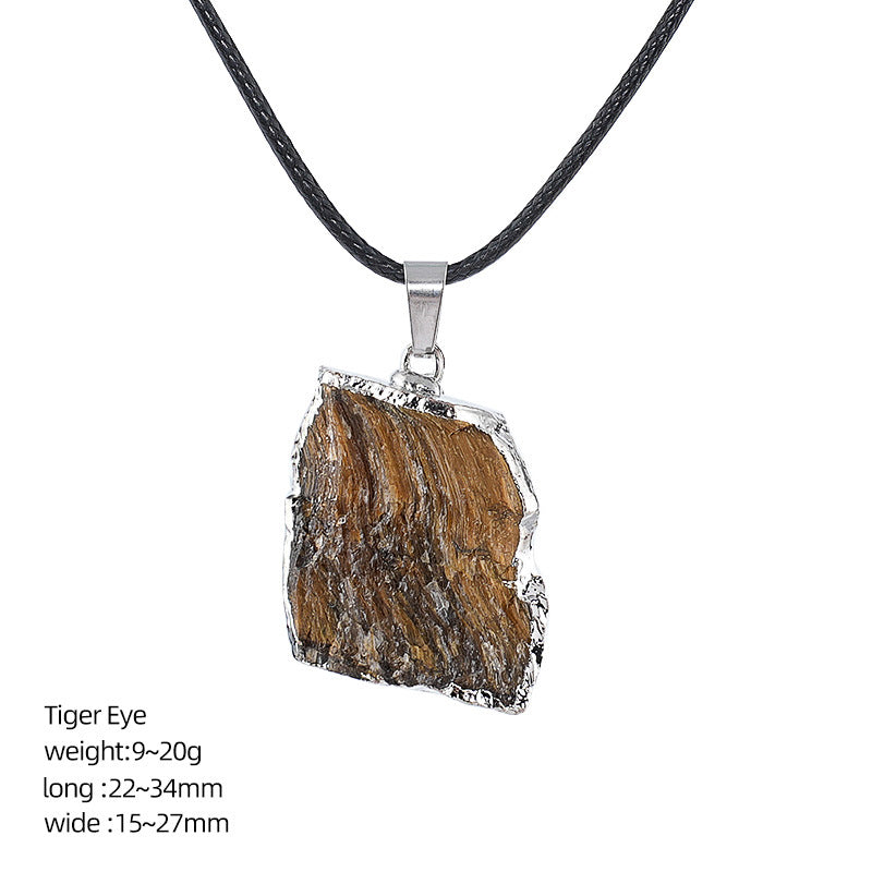 Wholesale Natural Crystal Raw Stone Pendant Necklace with Leather Rope Chain Irregular Hand-Hammered Electroplated Fashion Jewelry
