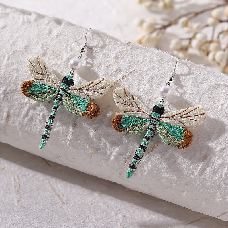 Wholesale Vintage Dragonfly Earrings Ethnic Wind Animal Fabric Pearl Earrings ACC-ES-Qianzi001
