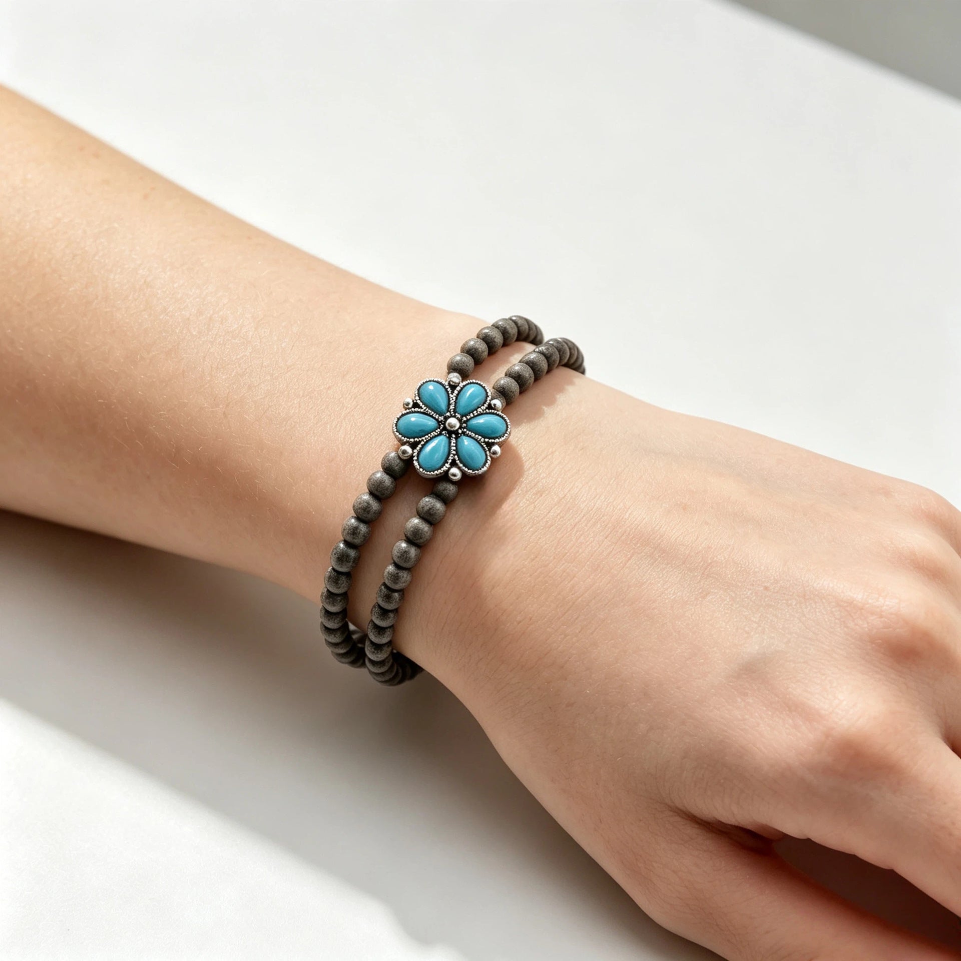 Wholesale Vintage Turquoise Flower Bead Jewelry Set Necklace Bracelet Ring Ethnic Style Fashion Accessory