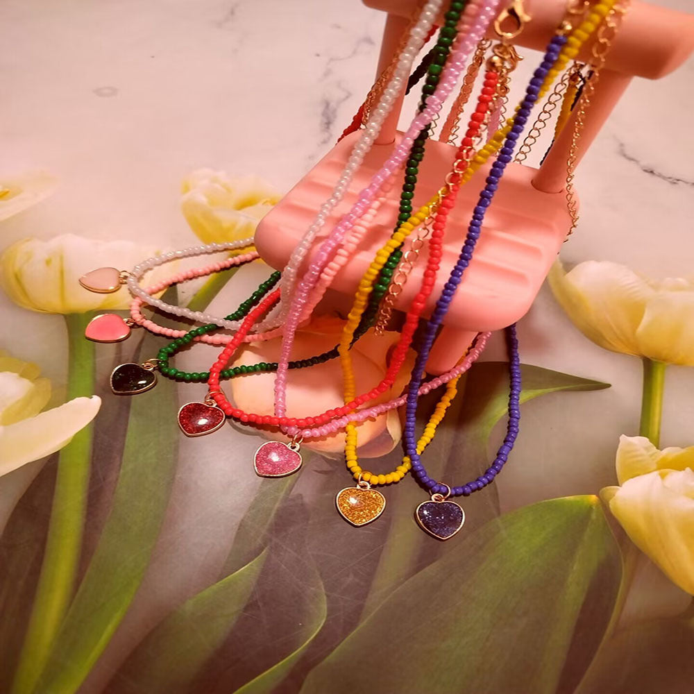Wholesale Colorful Rice Beads Alloy Heart Necklaces ACC-NE-RongYan004