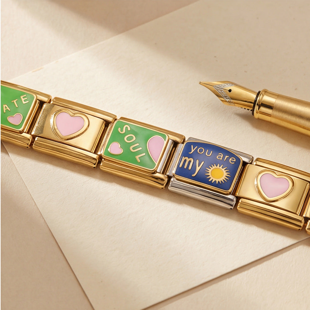 Wholesale Love Module Enamel Bracelet Set,  Gold-Plated Stainless Steel Chain