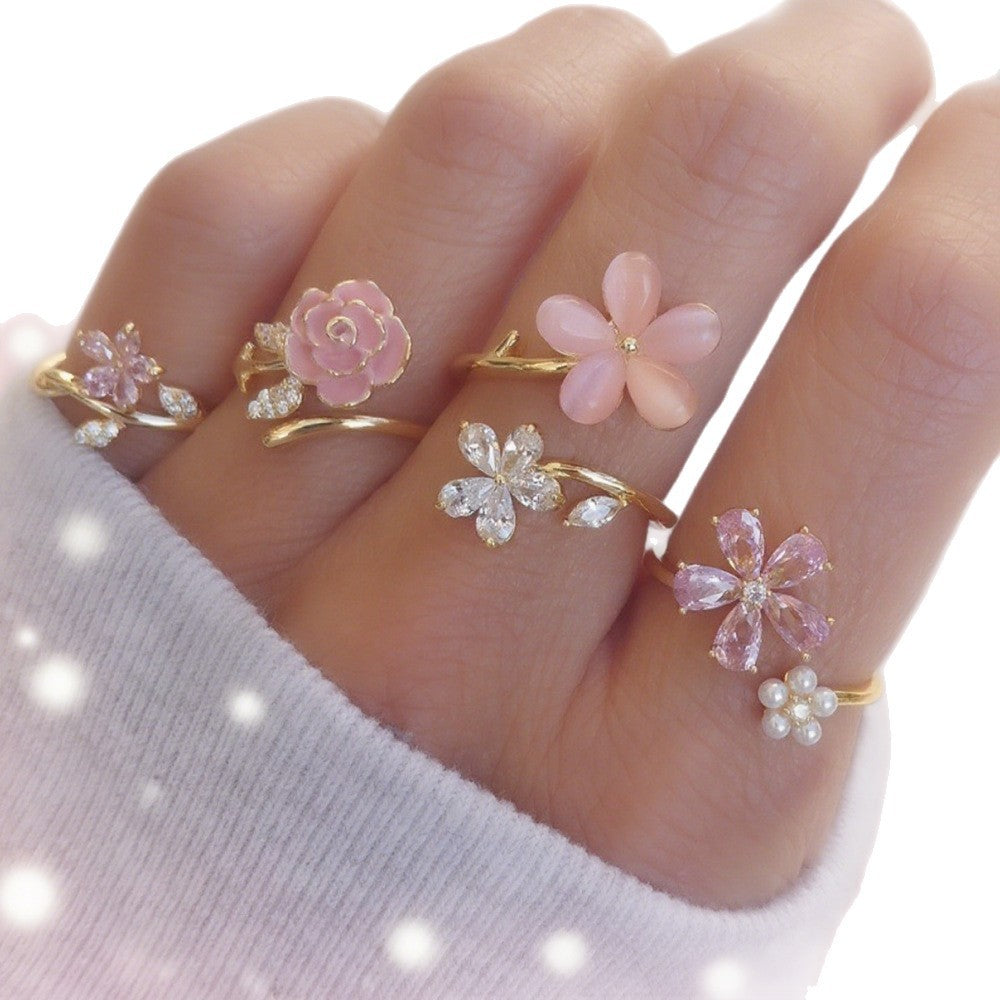 Wholesale Pink floral design multi-layered ring,  stylish and elegant pearl and zircon alloy ring.