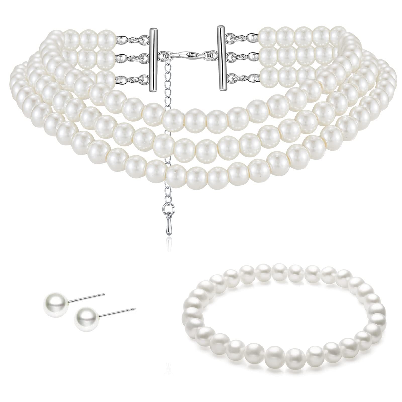 Wholesale Three-layer glass pearl necklace bracelet earrings suit