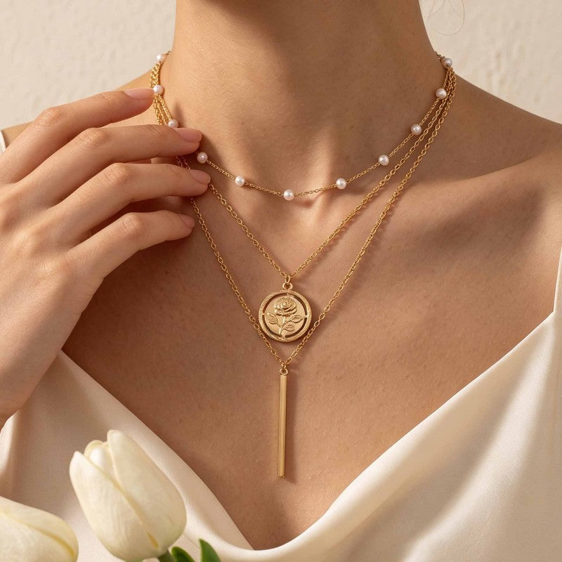 Wholesale Chic Geometric Three Layer Stacking Necklace Electroplated Alloy Collarbone Chain Trendy Everyday Fashion Accessory For Women