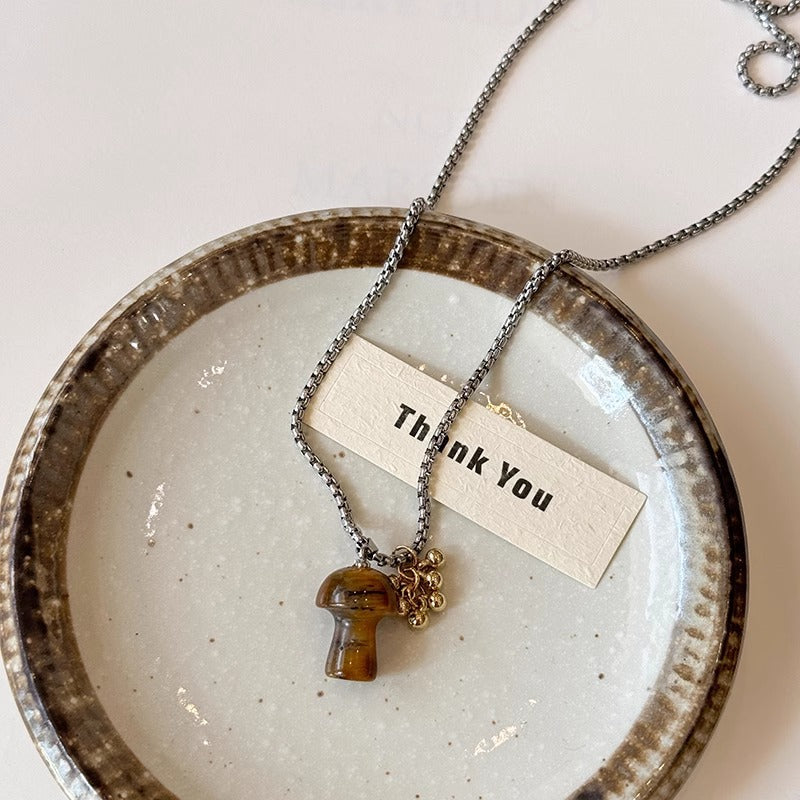 Wholesale  Titanium Steel Cartoon Mushroom Necklace Natural Stone Tiger Eye Pendant