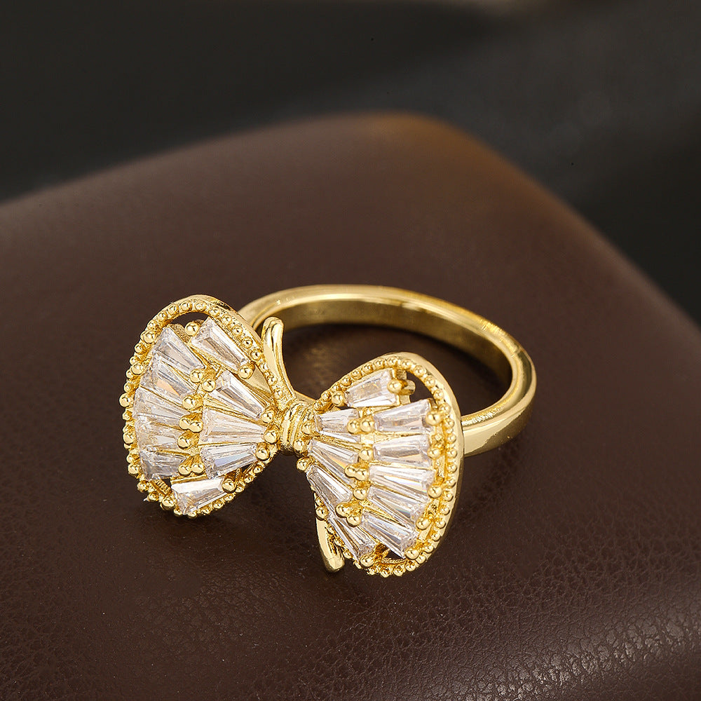 Wholesale Gold Zircon Bowknot Triple Interlocked Ring Fashionable Jewelry Accessory For Everyday Wear Or Gift