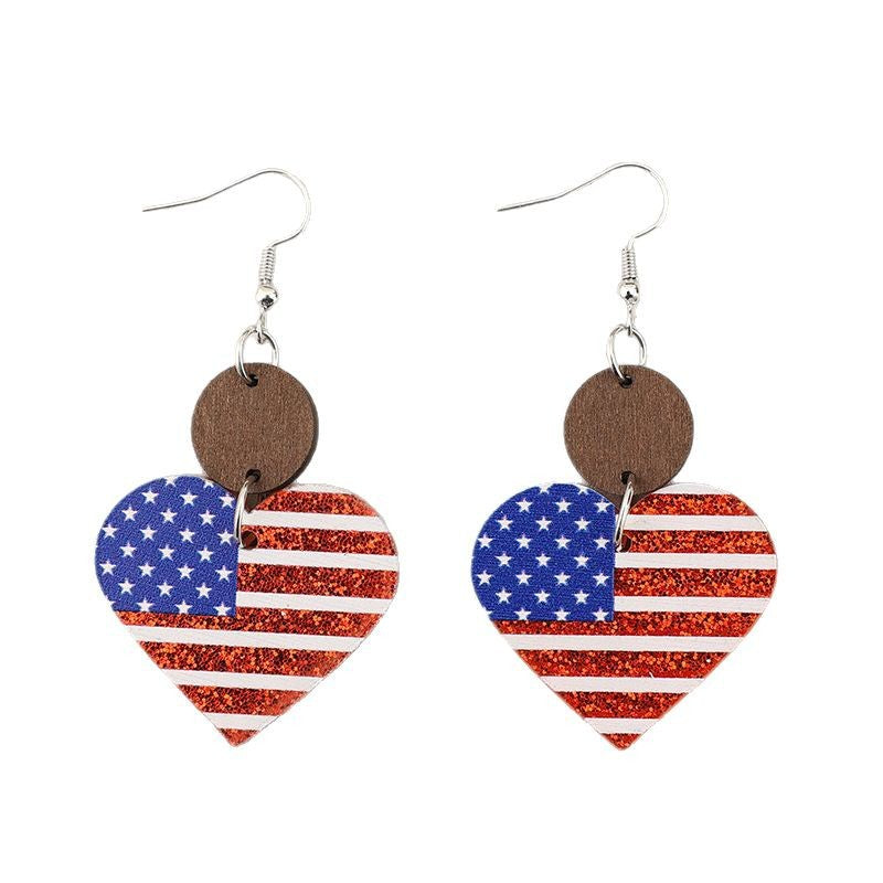 Wholesale Heart Print American Flag Stitching Small Wood Pieces Acrylic Earrings