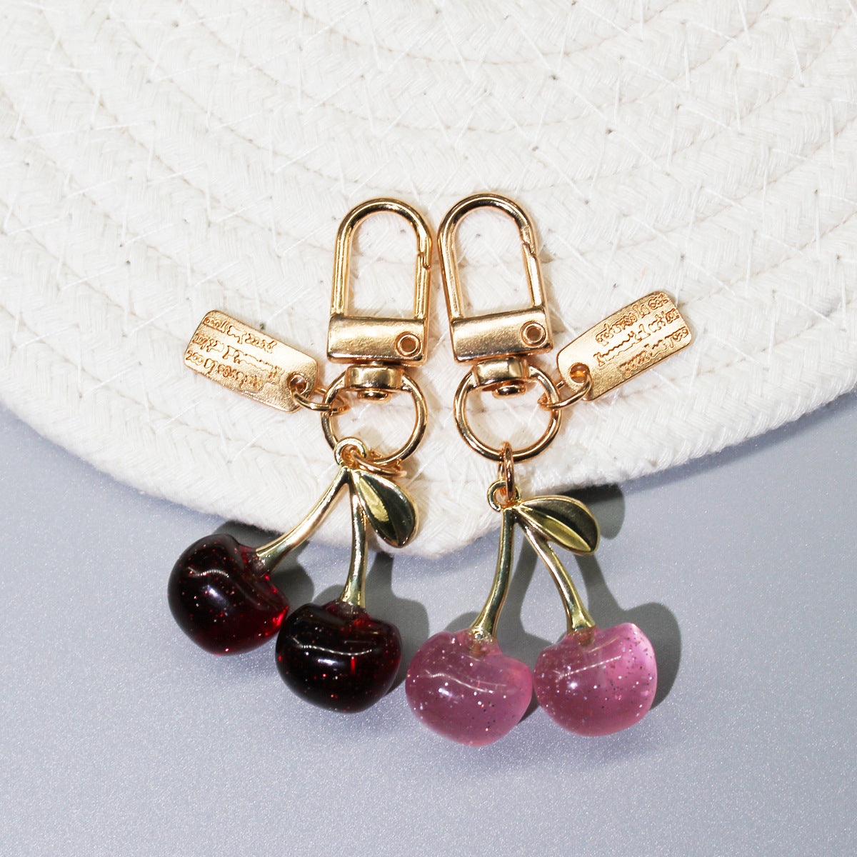 Wholesale  Golden Leaf Cherry Fruit Keychain Small Accessory Bag Decoration Phone Charm Zinc Alloy