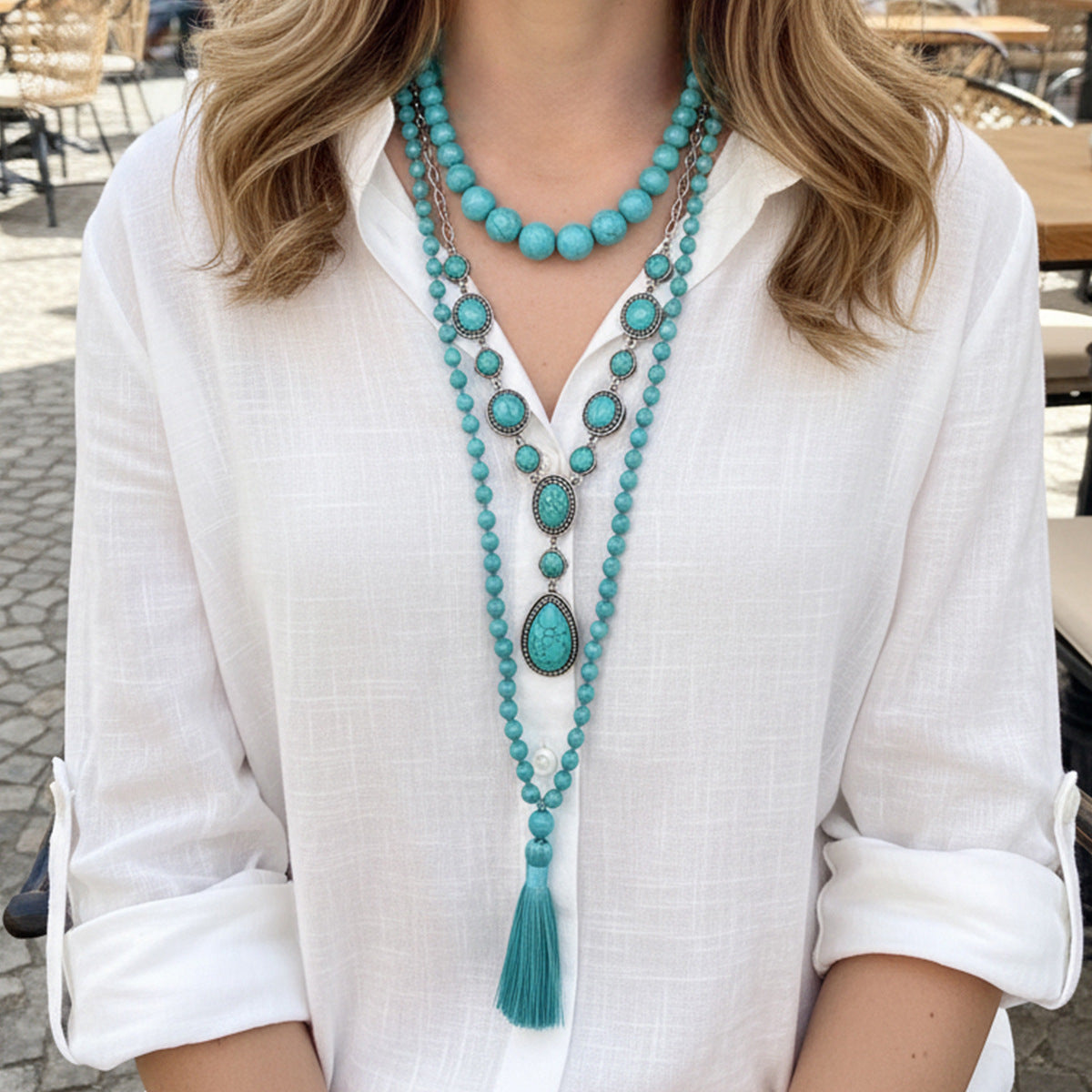 Wholesale Vintage Irregular Turquoise Beaded Necklace Set
