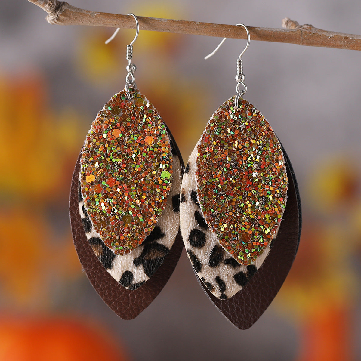 Wholesale Three-layer Leaf-shaped Sequined Leopard Leather Earrings ACC-ES-ChuLian113