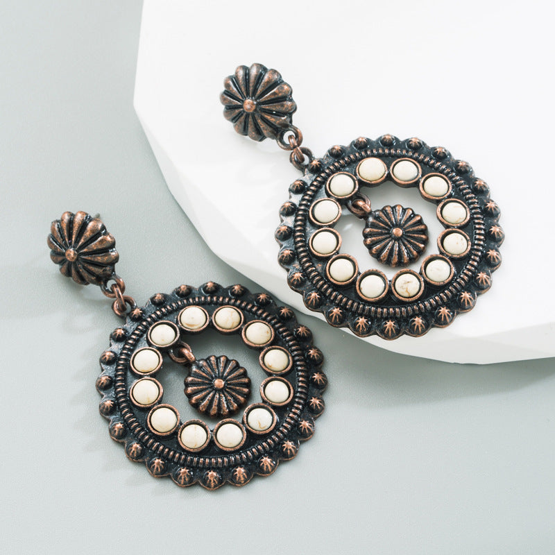 Wholesale Retro Ethnic Style White Turquoise Hollow Round Earrings Alloy Party Style Boutique Resale Jewelry Accessory
