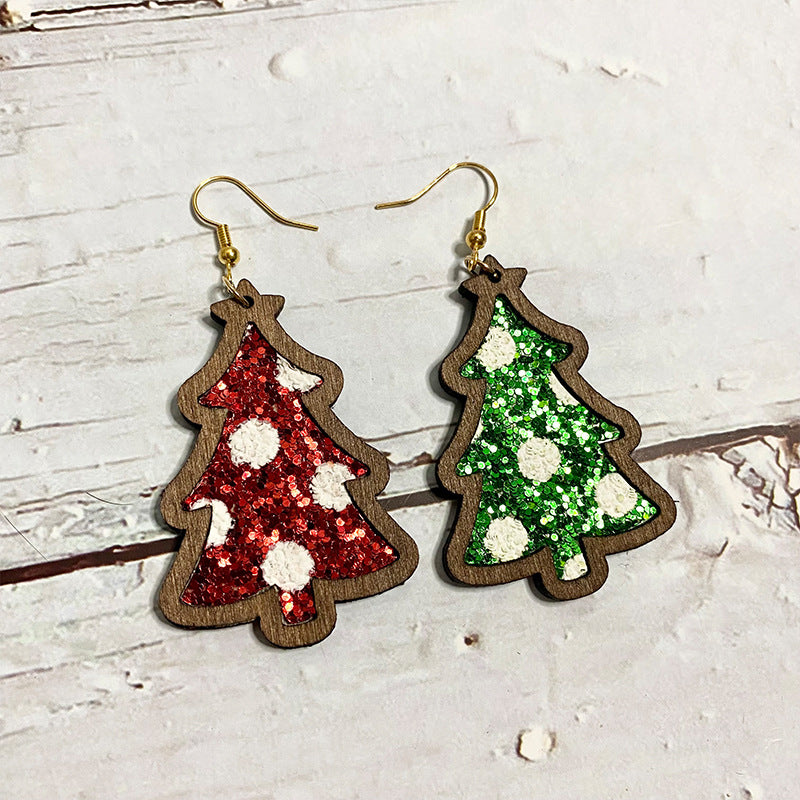 Wholesale Christmas flash leather wooden earrings