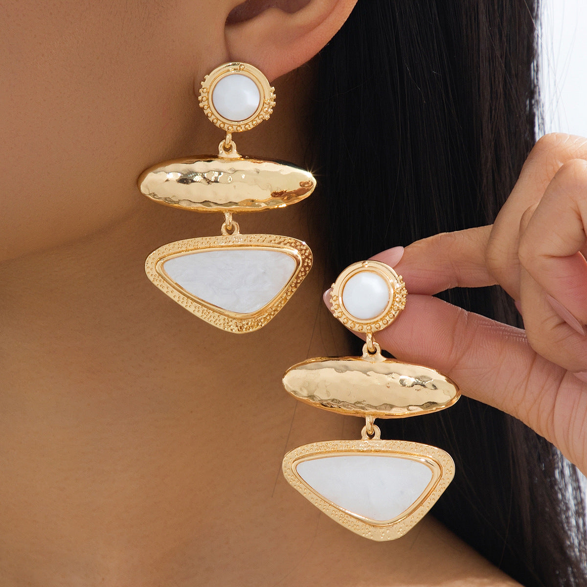 Wholesale Retro Geometric Orange Drop Earrings Gold Hammered Zinc Alloy Triple Layer Stylish Women S Jewelry Accessory