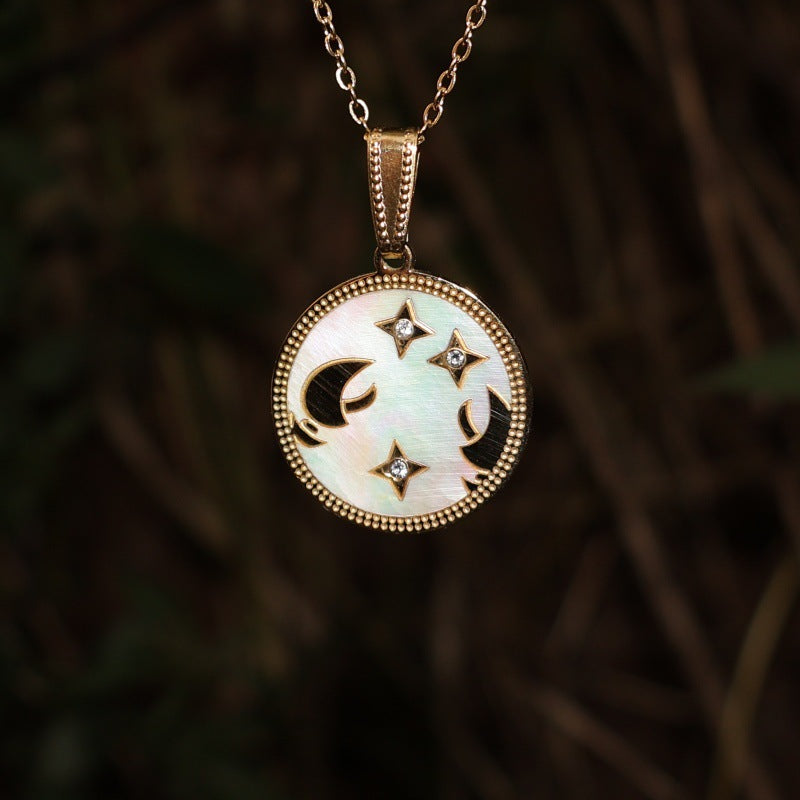 Wholesale Zodiac Diamond Round Shell Stainless Steel Pendant Necklace 18K Gold Plated