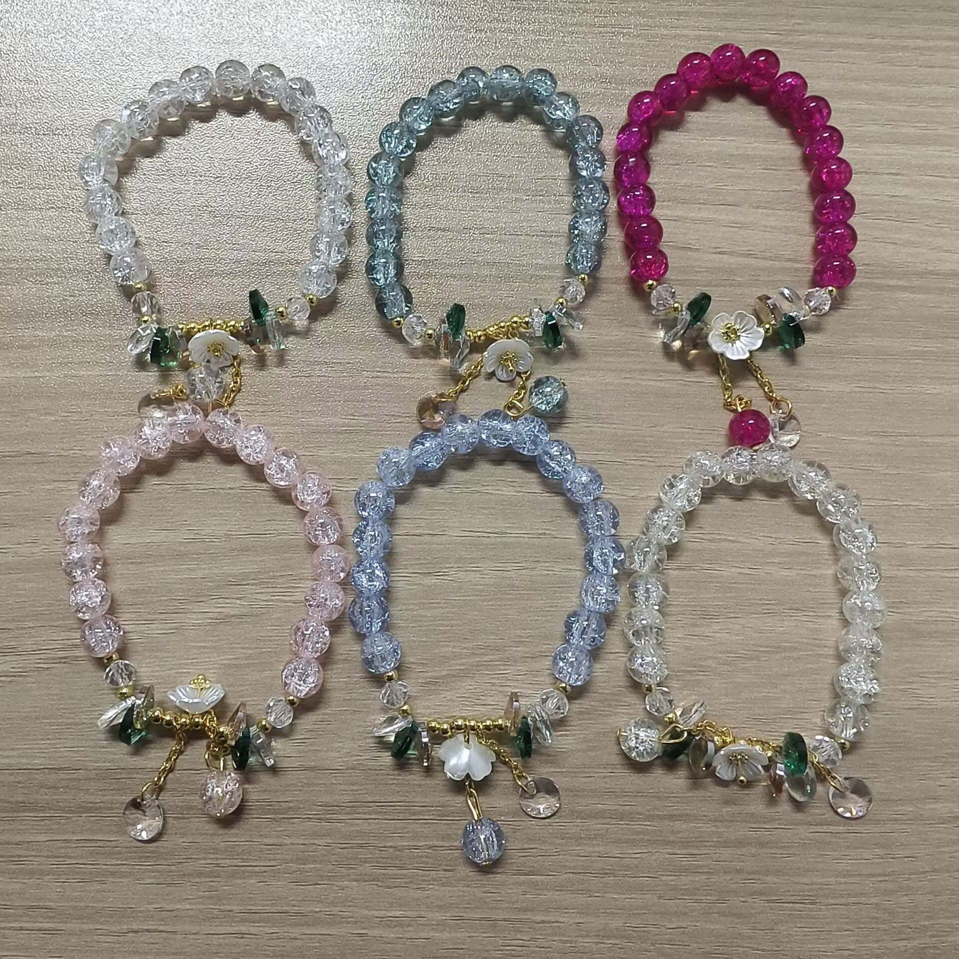Wholesale 6 Piece Glass Crystal Beaded Bracelet Set Floral Design Women Everyday Wear Jewelry Accessory