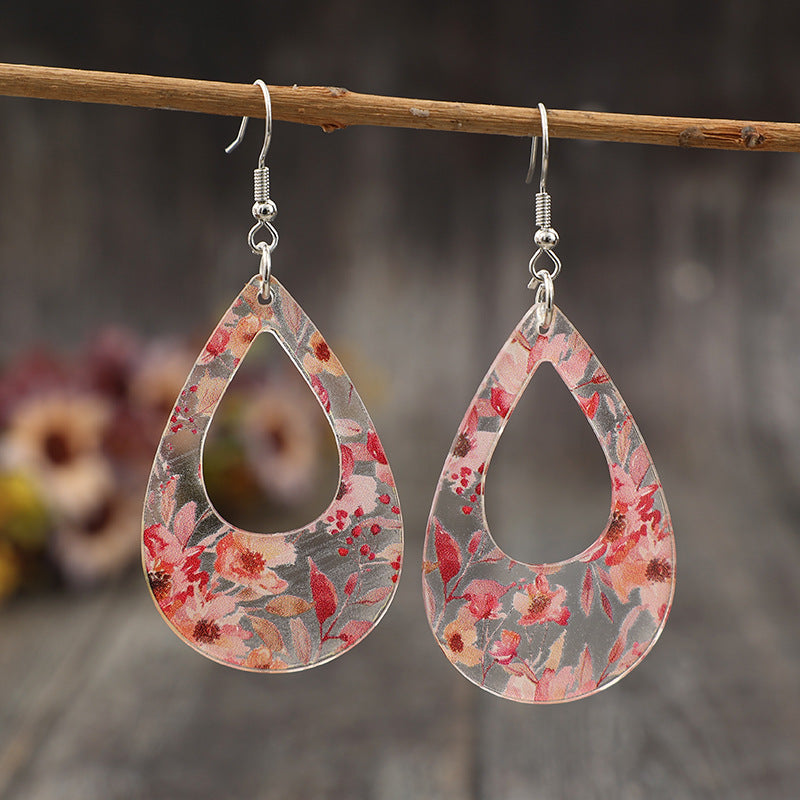 Wholesale hollow water drop printing flower acrylic ladies earrings