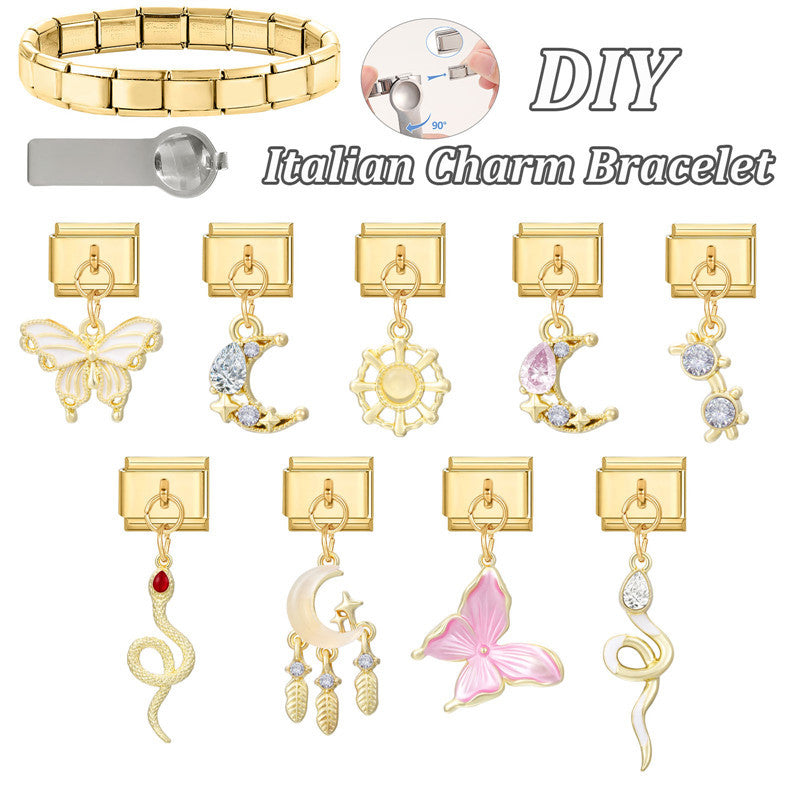 Wholesale Italian Charm Bracelet 9mm DIY Splicing Pink Series Gold Pendant Stainless Steel Composable Bracelet
