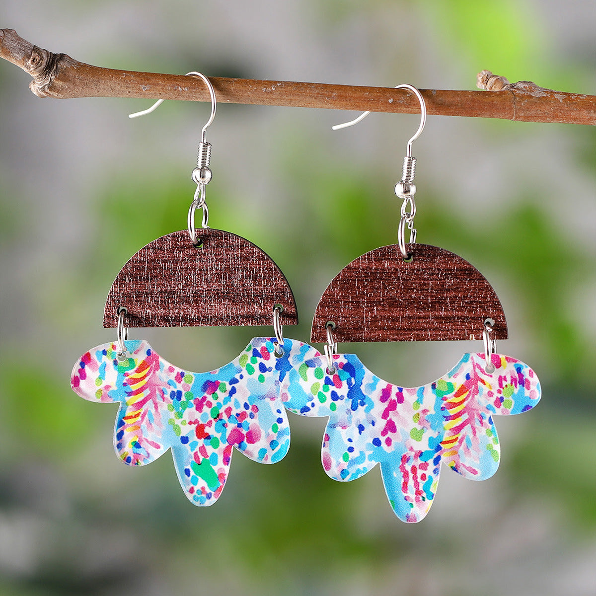Wholesale Colorful Heart Flower Leaves Bohemian Wood Chip Splicing Acrylic Earrings