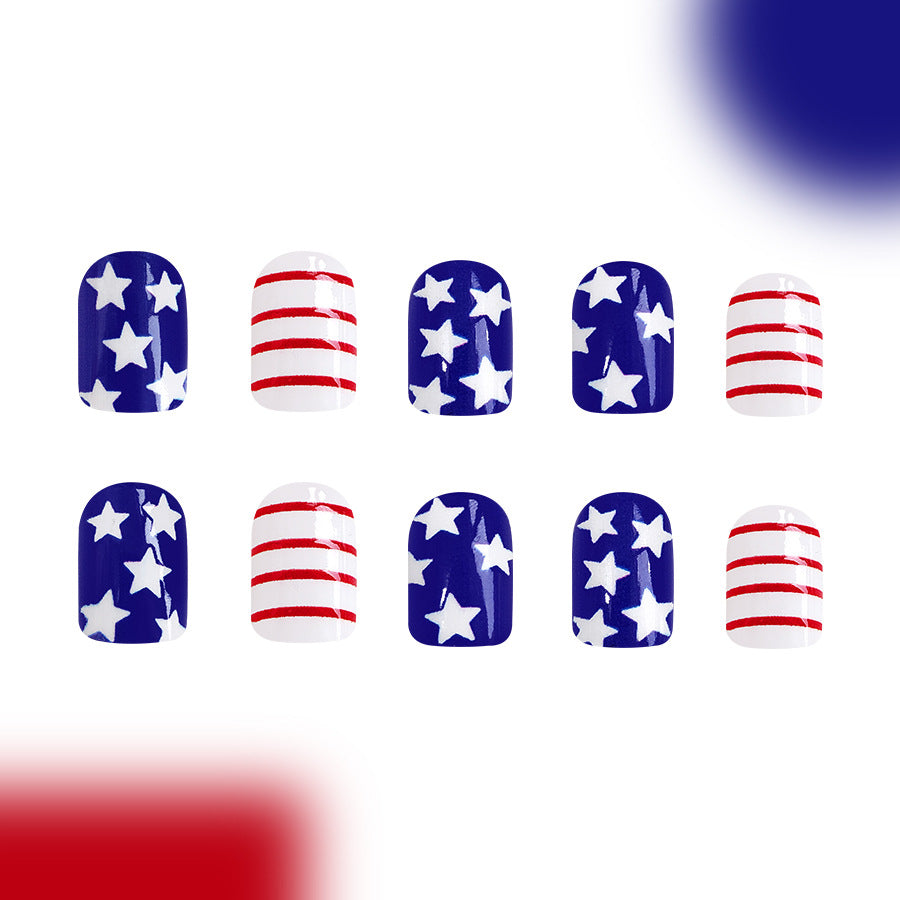Wholesale 24 Pieces/box American Independence Day Short Striped Five-pointed Star Manicure Press-on Nails Kits Nail Stickers ACC-NS-GuaiXL037