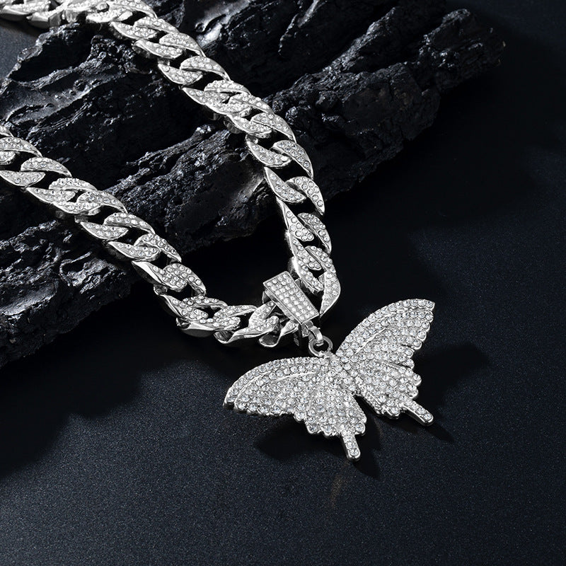 Wholesale Diamond Finish Alloy Butterfly Cuban Necklace - Fashion Jewelry Accessory,  Gift or Resale Boutique