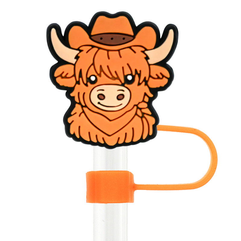 Wholesale Random 100pcs Cartoon West Highland Cattle 10mm Straw Tube Cap ACC-SCR-RYY064